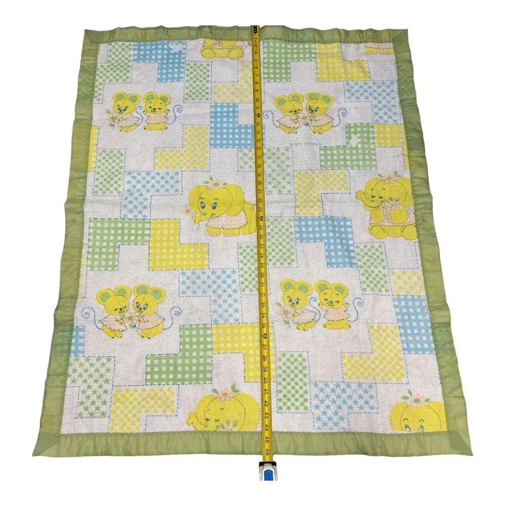 Vtg Curity Baby Fleece Blanket Patchwork Pals Animals USA Dated 1979 Green